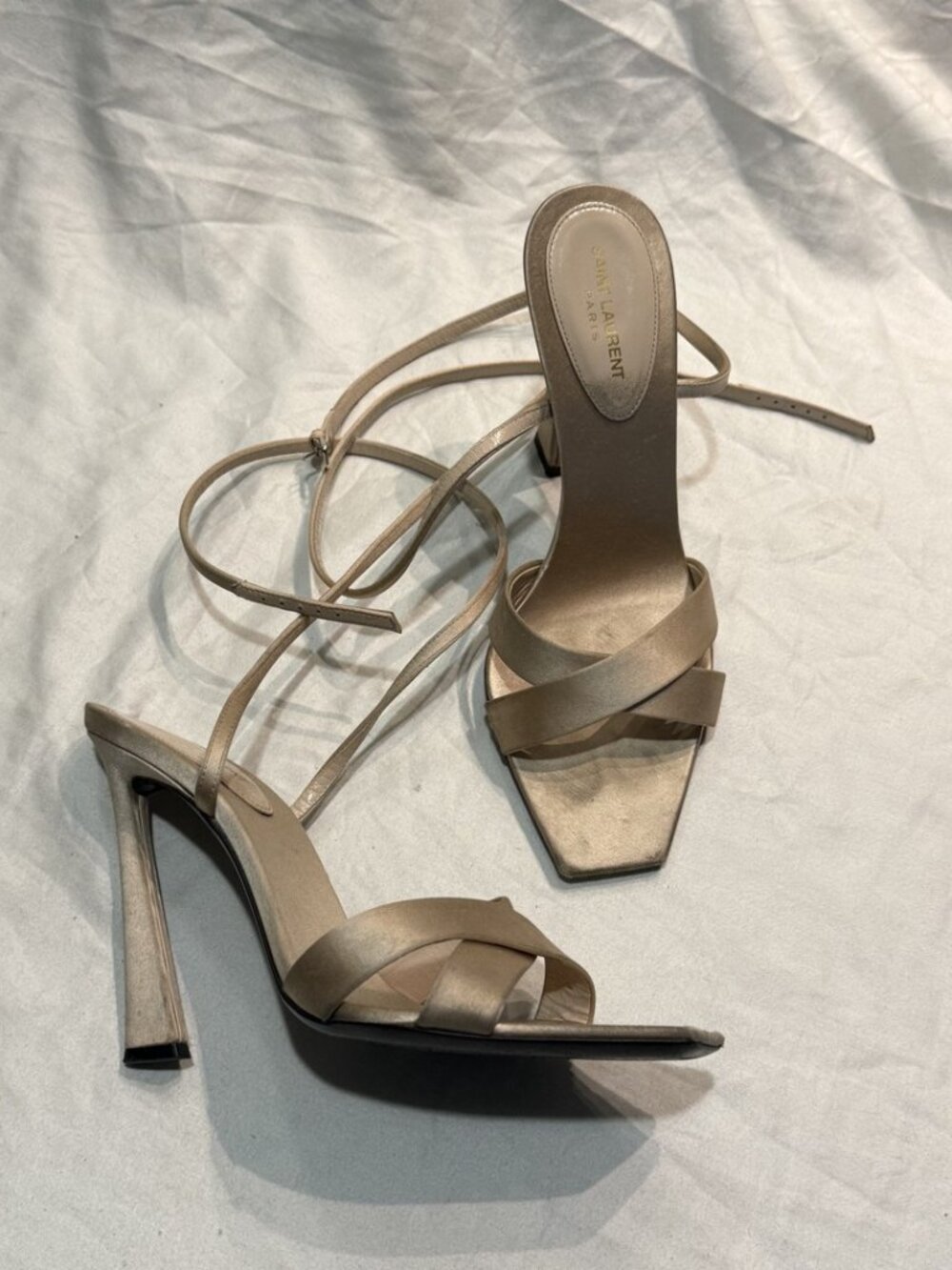 Saint Laurent Lydia 110 Nude Satin Ankle Wrap Sandal Heels EU 38 US 8 - Picture 4 of 12